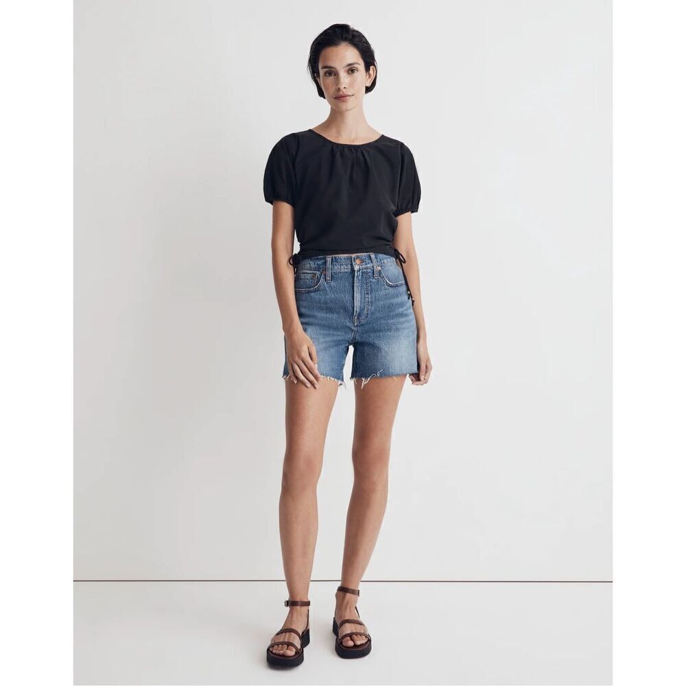Madewell Embroidered Poplin Puff-Sleeve Cutout Crop Top in Black Size XS NWT